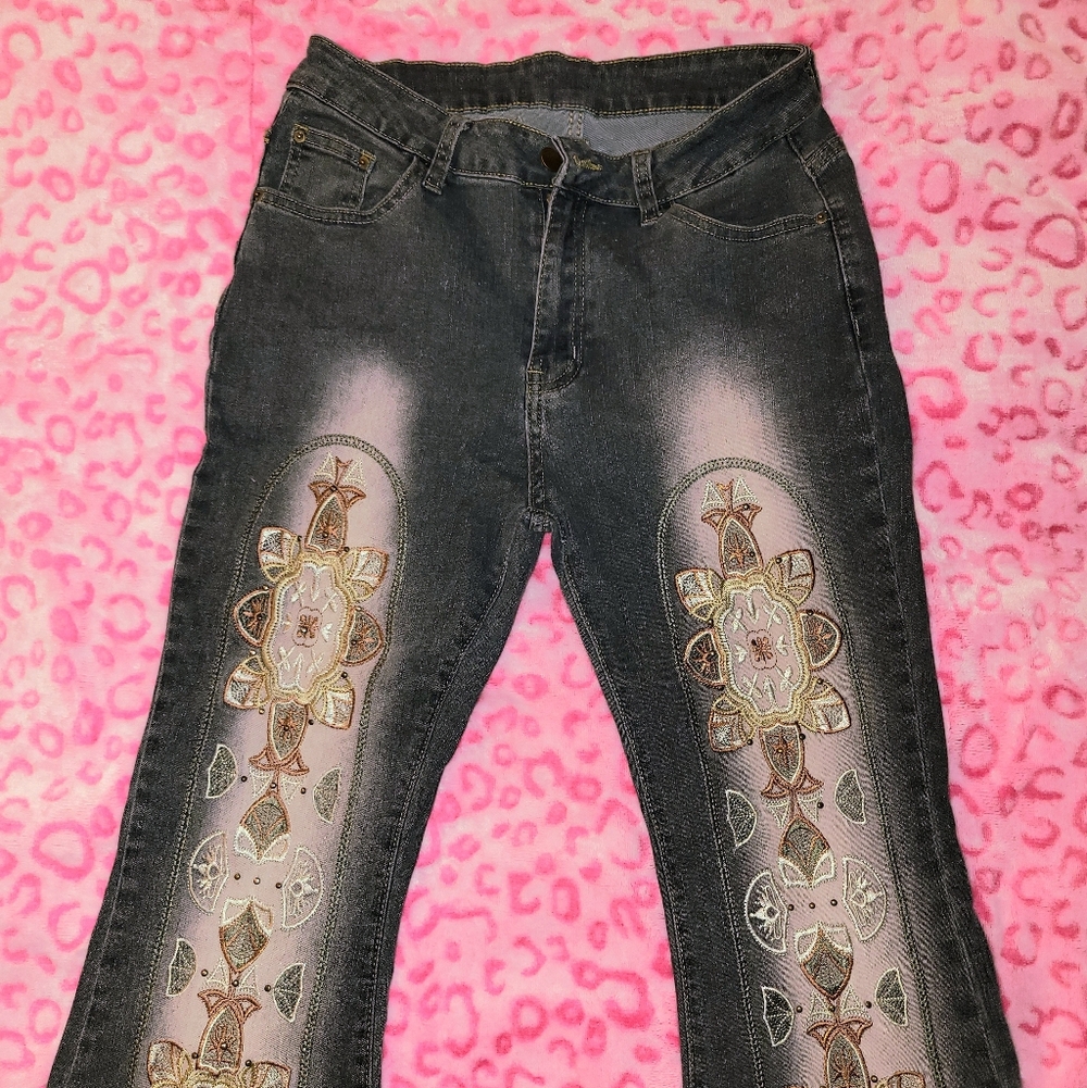 floral embroidered hippie flared jeans